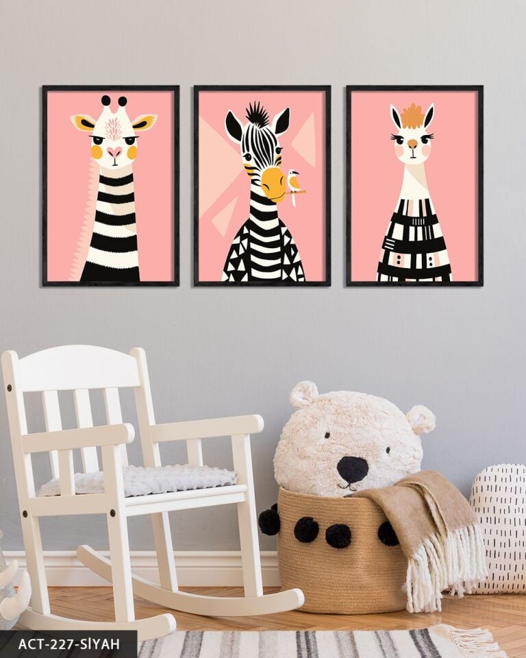 Hayvan Temalı Çocuk Odası 3 Parça Ahşap Çerçeveli Tablo ACT Siyah - 20 x 30 CM