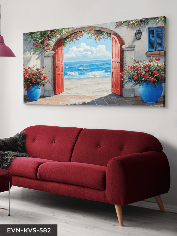 Denize Açılan Kırmızı Kapı Tek Parça Kanvas - Canvas Tablo