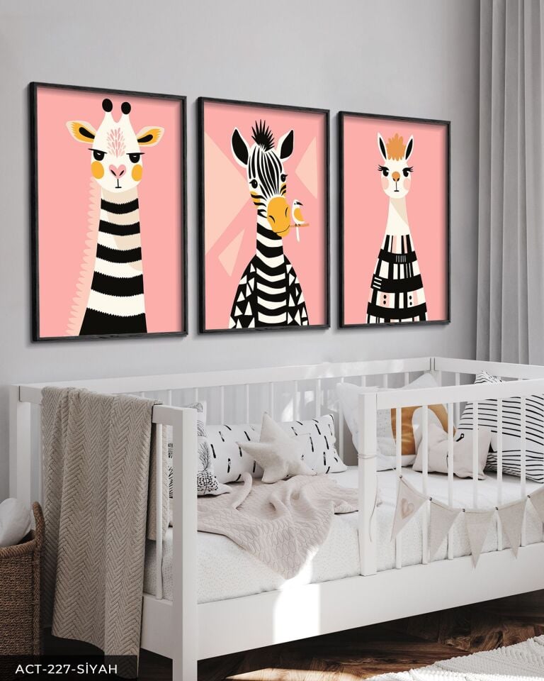 Hayvan Temalı Çocuk Odası 3 Parça Ahşap Çerçeveli Tablo ACT Siyah - 30 x 40 CM