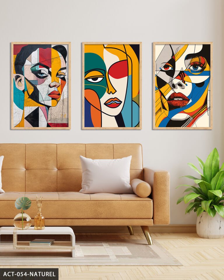 Renkli Kadın Portre 3 Parça Ahşap Çerçeveli Tablo Naturel - 50 x 70 CM