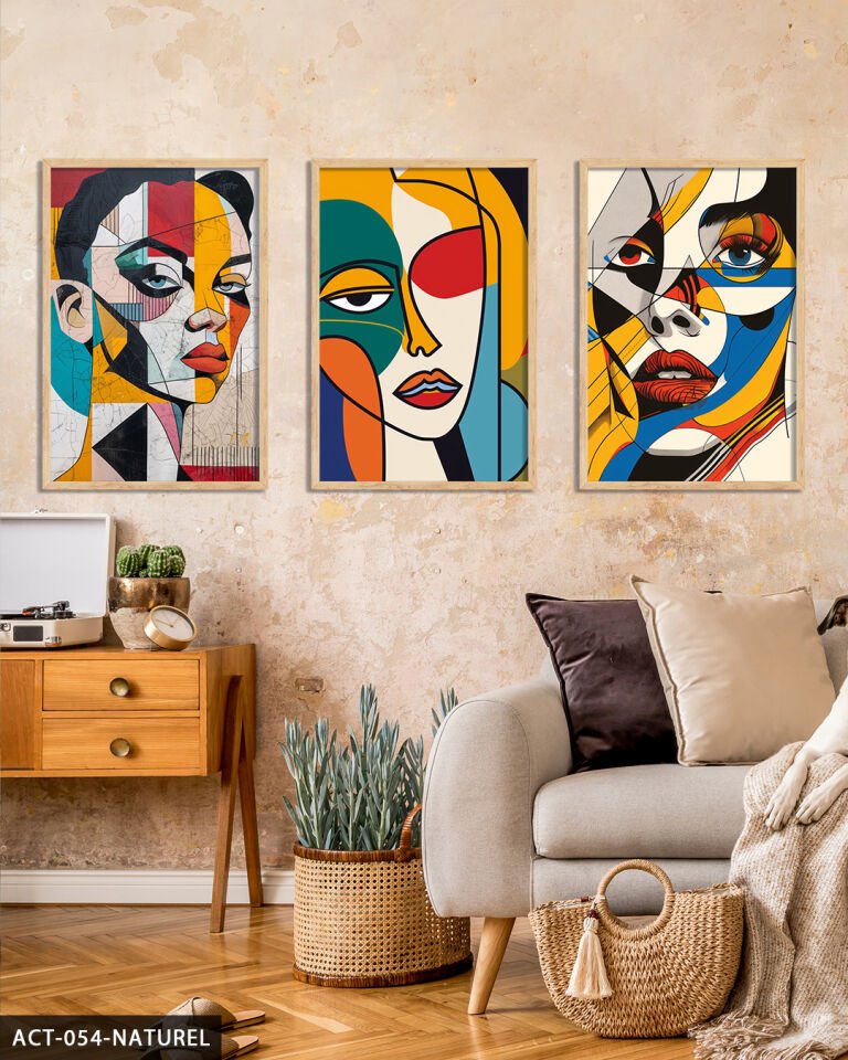 Renkli Kadın Portre 3 Parça Ahşap Çerçeveli Tablo Naturel - 50 x 70 CM