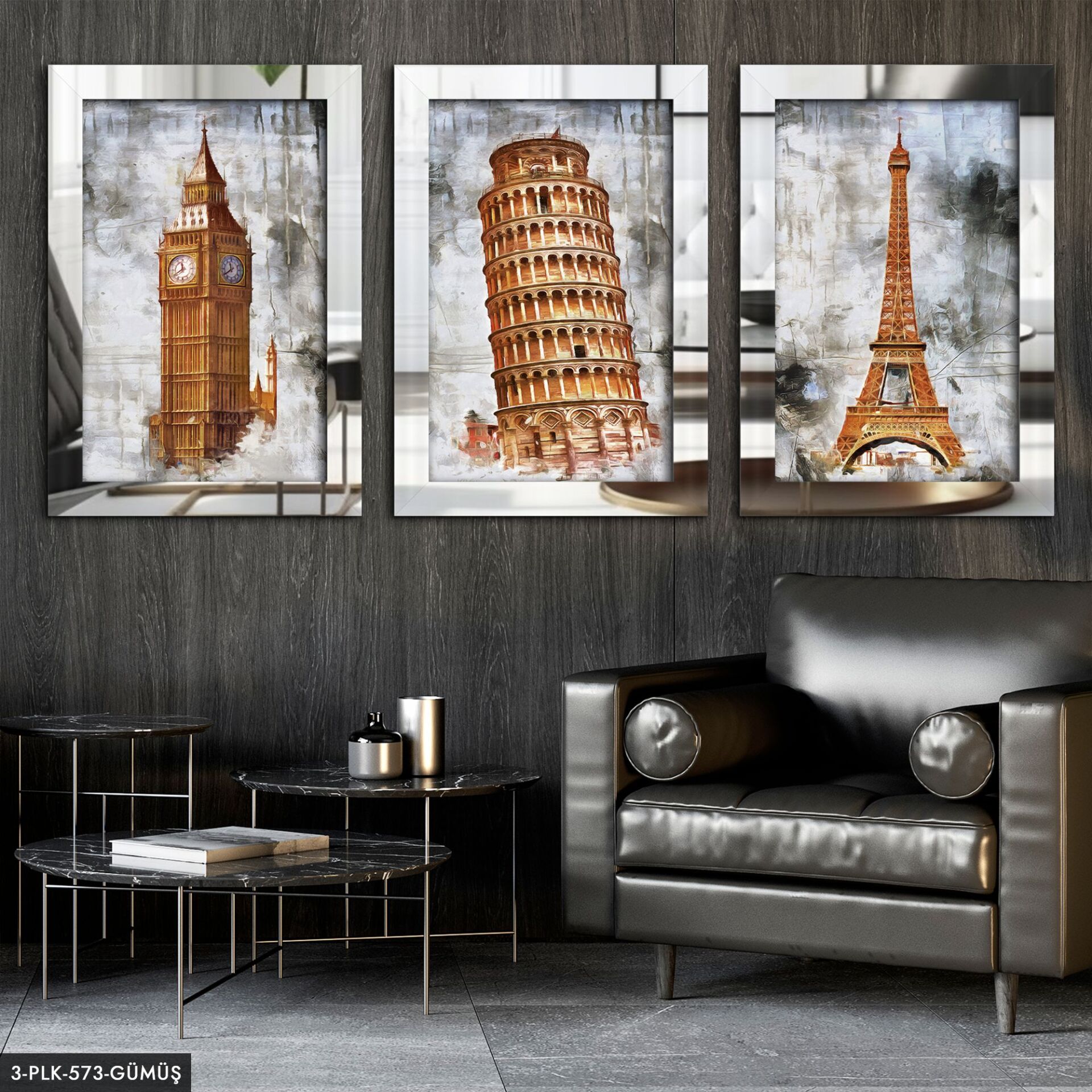Eyfel Pisa Londra Saat Kulesi 3 Parça Pleksi Aynalı Tablo 30 x 40 CM - Gümüş