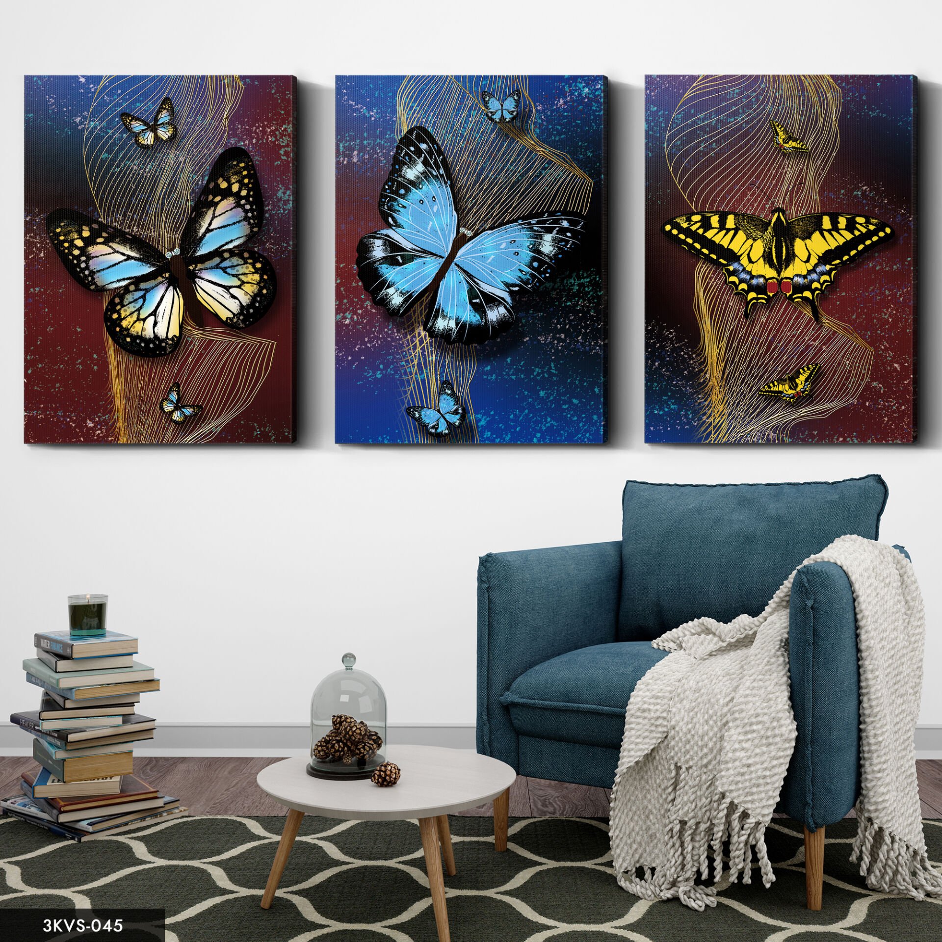 Kelebekler 3 Parça Kanvas - Canvas Tablo 40 x 30 CM