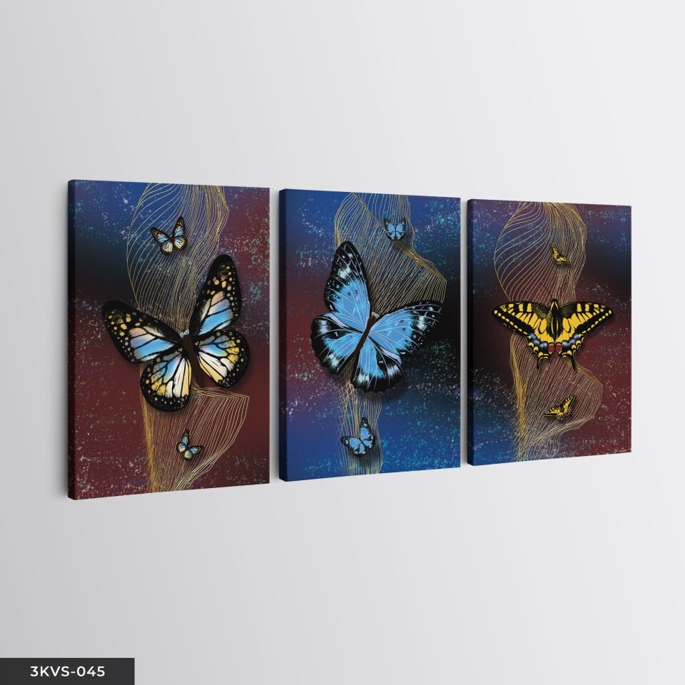 Kelebekler 3 Parça Kanvas - Canvas Tablo 45 x 65 CM