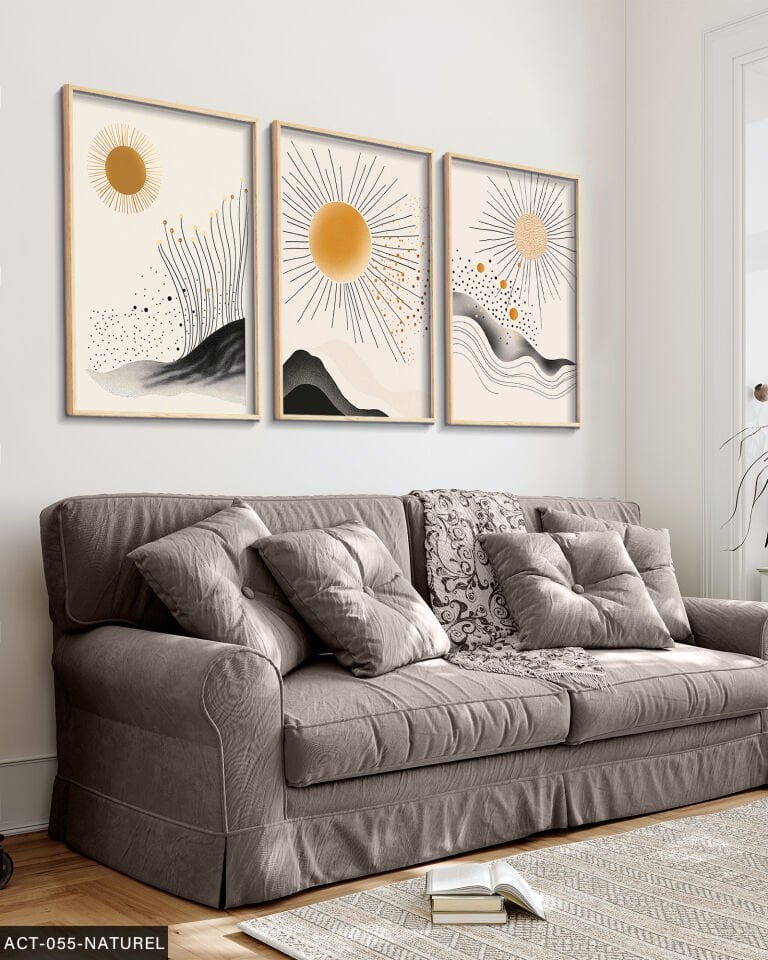 Dağ Güneş Soyut 3 Parça Ahşap Çerçeveli Tablo Naturel - 50 x 70 CM