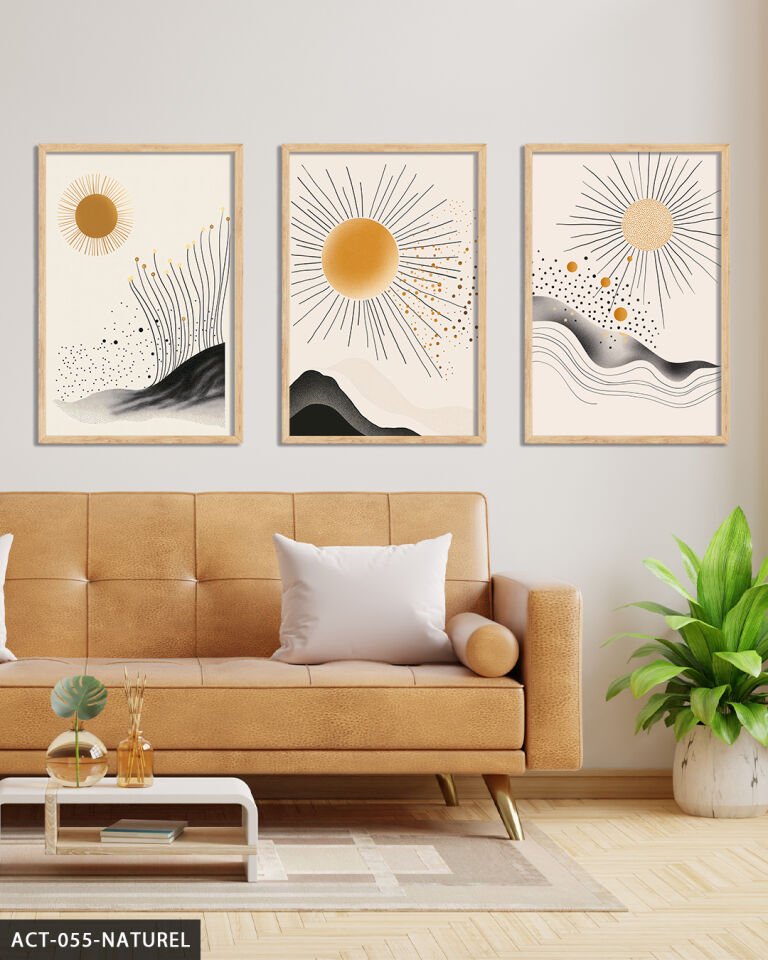 Dağ Güneş Soyut 3 Parça Ahşap Çerçeveli Tablo Naturel - 50 x 70 CM