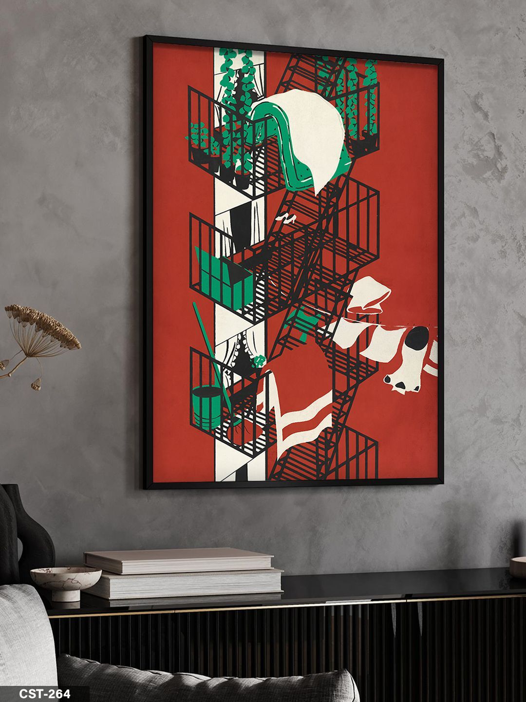 Yangın Merdiveni Tek Parça Ahşap Çerçeveli Tablo Siyah - 40 x 60 CM