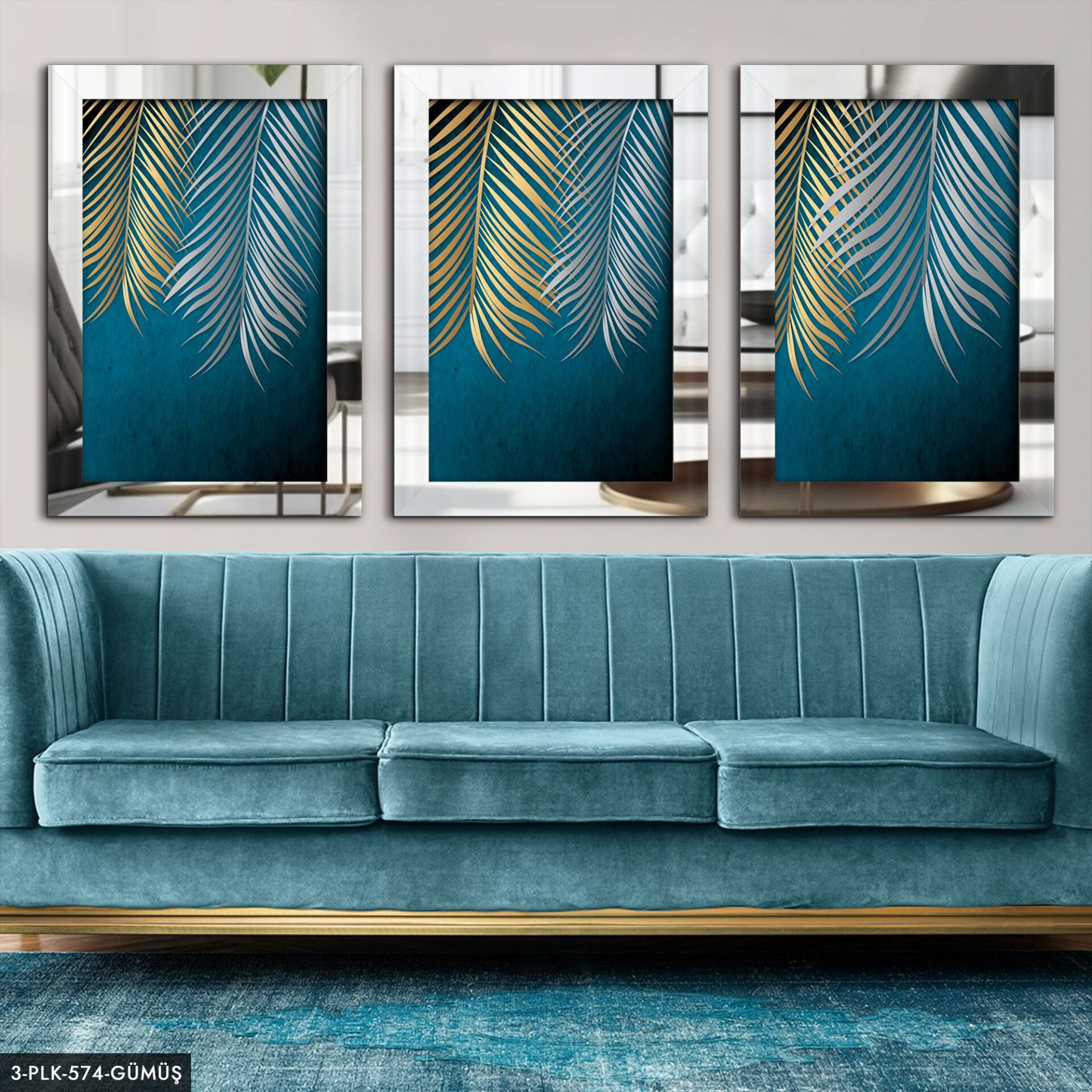 Gold Gümüş Yapraklar 3 Parça Pleksi Aynalı Tablo 30 x 40 CM - Gümüş