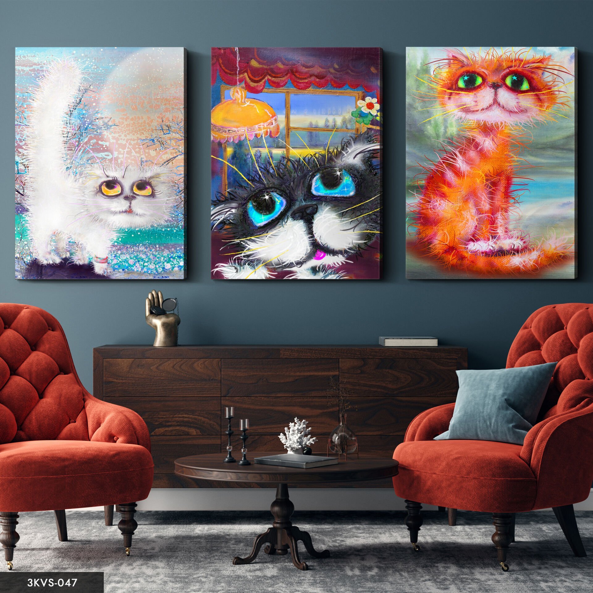 Renkli Kediler 3 Parça Kanvas - Canvas Tablo