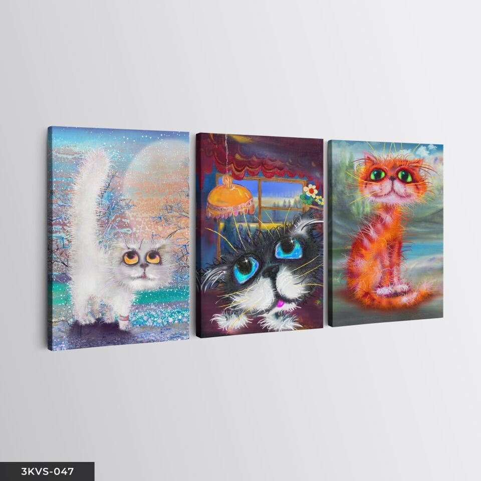 Renkli Kediler 3 Parça Kanvas - Canvas Tablo 45 x 65 CM