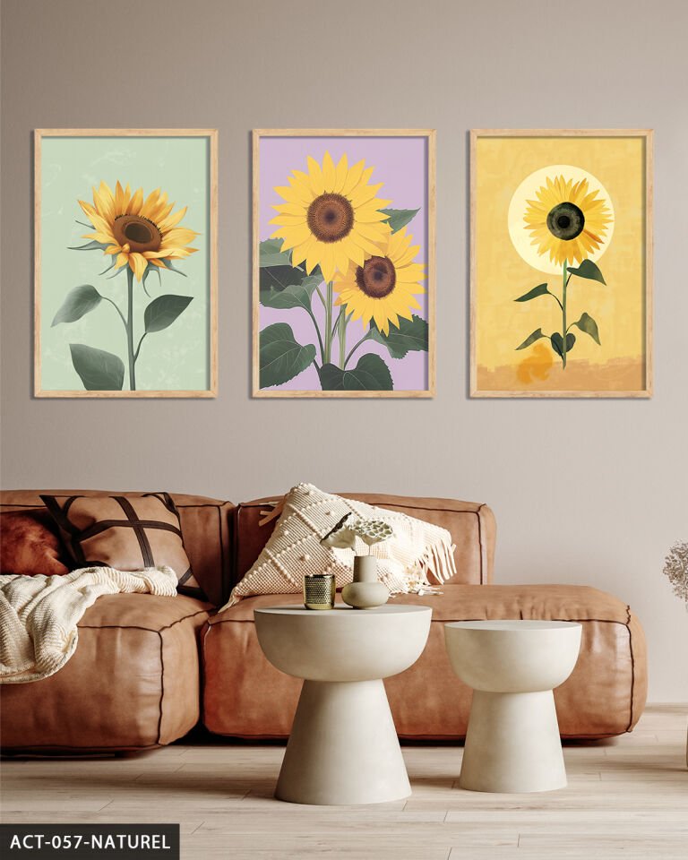 Ay çiçekleri 3 Parça Ahşap Çerçeveli Tablo Naturel - 50 x 70 CM