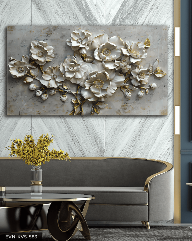 Dokulu Görünüm Beyaz Çiçek Tek Parça Kanvas - Canvas Tablo