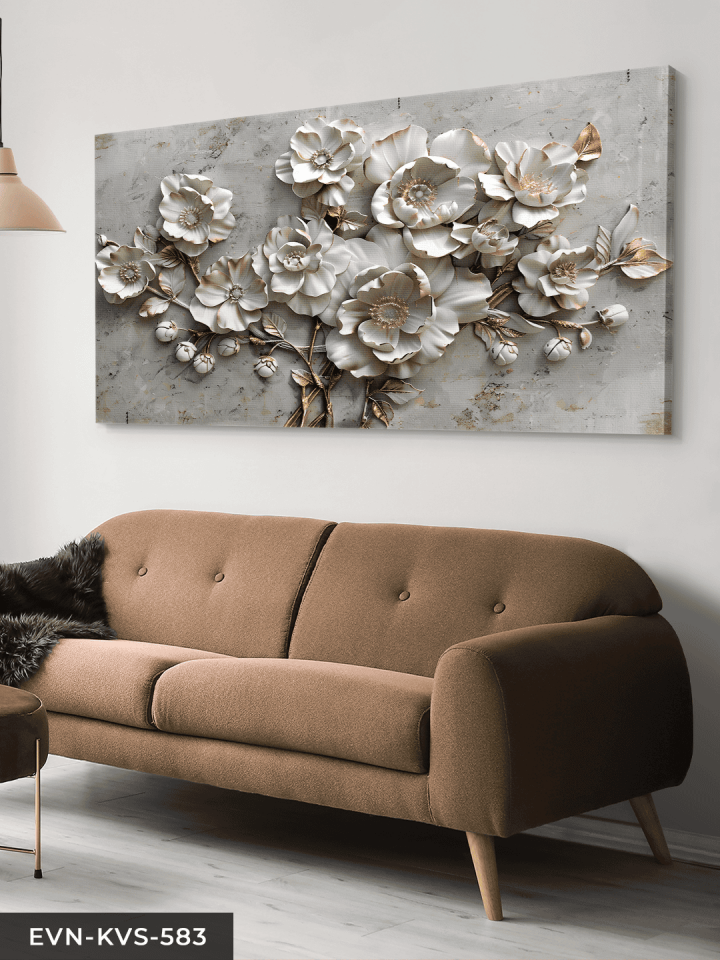 Dokulu Görünüm Beyaz Çiçek Tek Parça Kanvas - Canvas Tablo