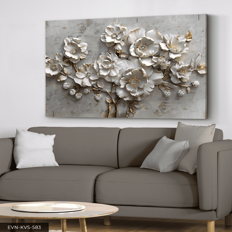 Dokulu Görünüm Beyaz Çiçek Tek Parça Kanvas - Canvas Tablo