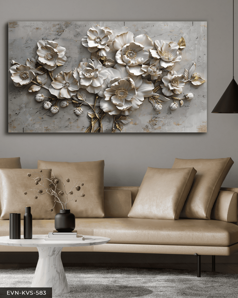 Dokulu Görünüm Beyaz Çiçek Tek Parça Kanvas - Canvas Tablo