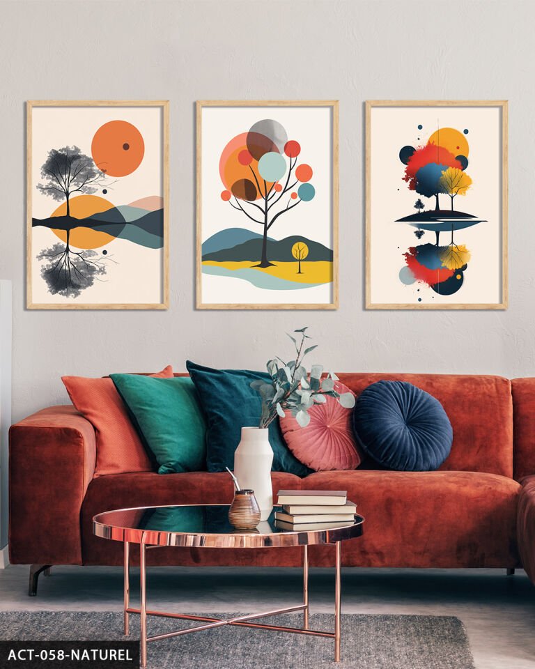 Doğa Ağaçlar Soyut 3 Parça Ahşap Çerçeveli Tablo Naturel - 50 x 70 CM