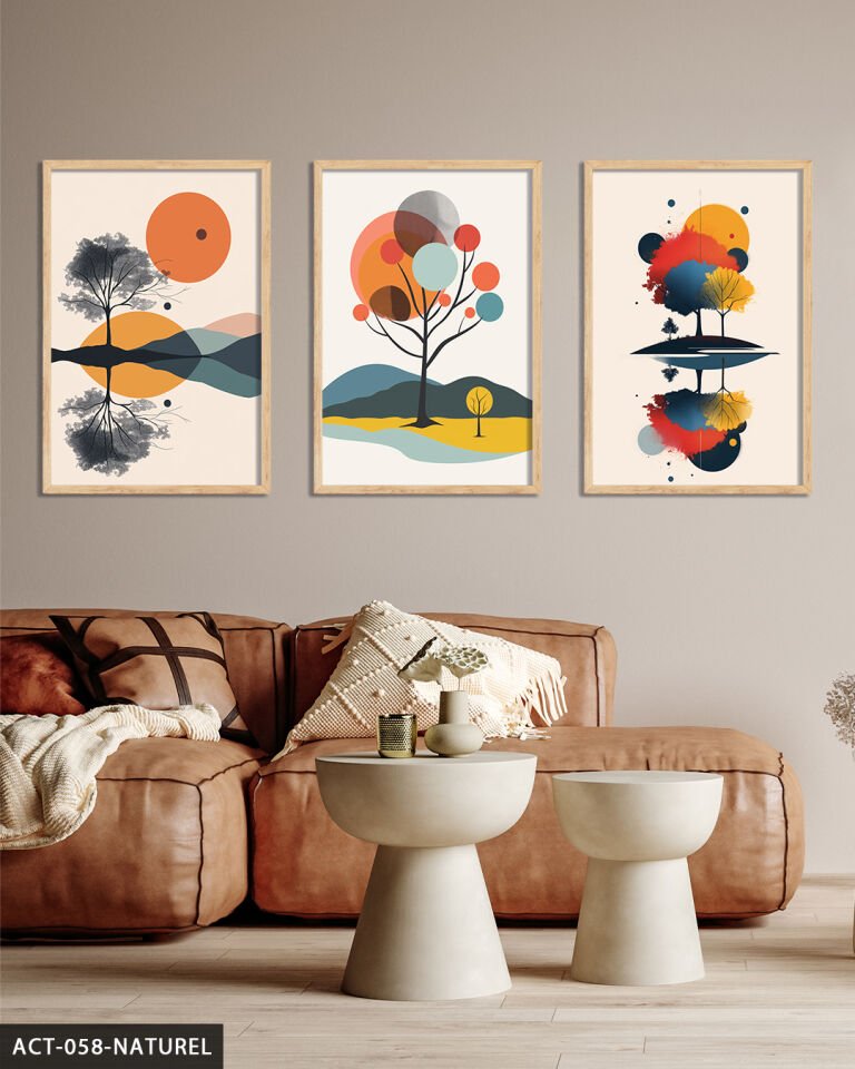 Doğa Ağaçlar Soyut 3 Parça Ahşap Çerçeveli Tablo Naturel - 50 x 70 CM