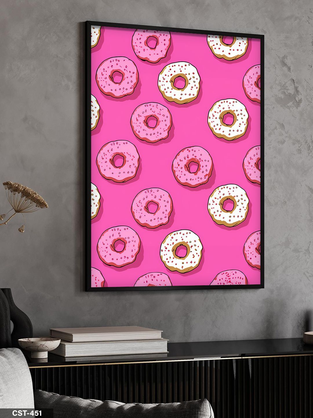 Pembe Donat Tek Parça Ahşap Çerçeveli Tablo Siyah - 20 x 30 CM
