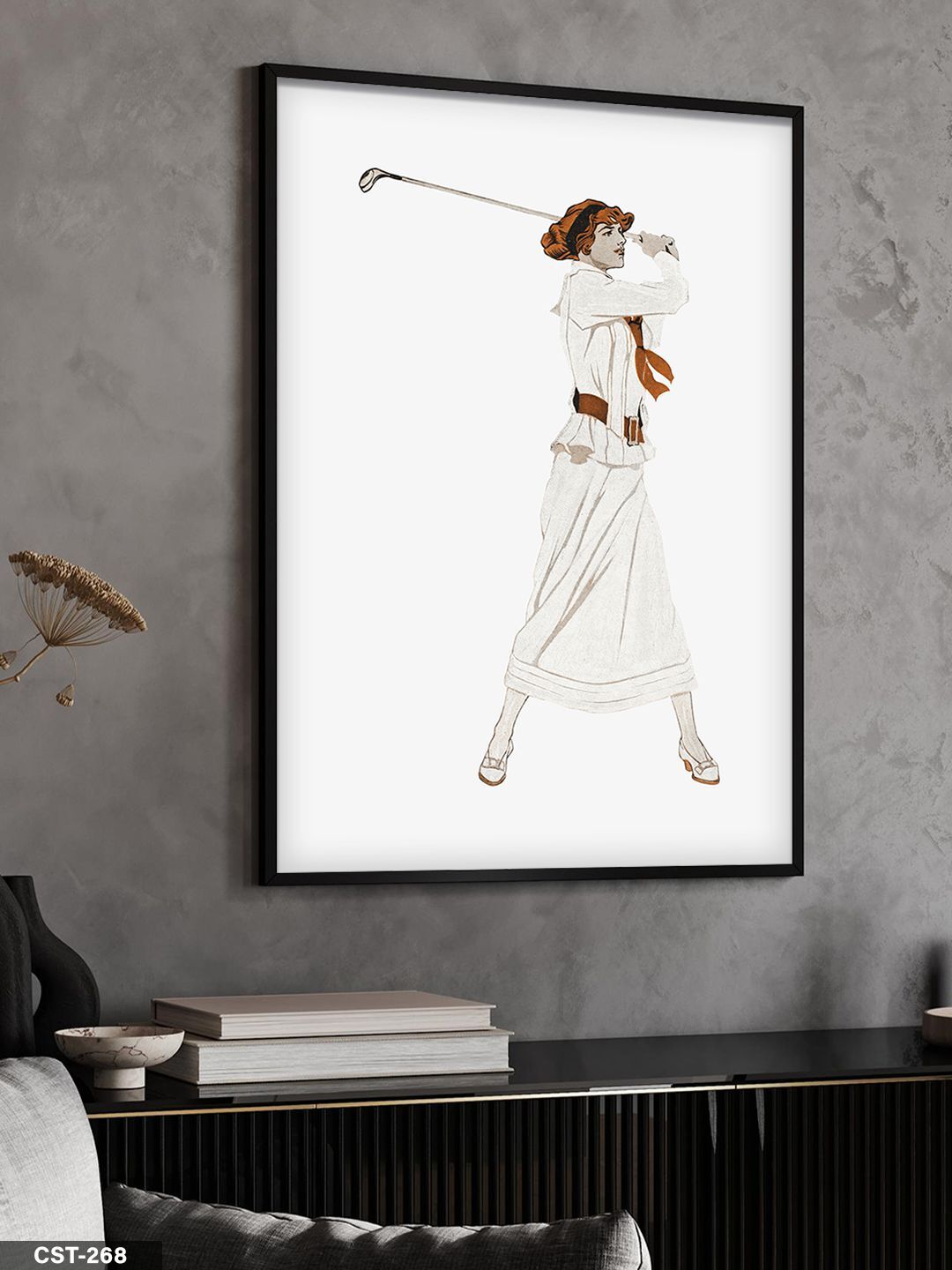 Golfçü Kadın Tek Parça Ahşap Çerçeveli Tablo Siyah - 40 x 60 CM