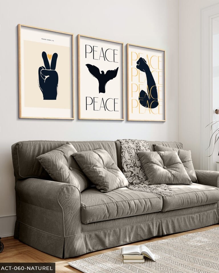 Peace, Barış 3 Parça Ahşap Çerçeveli Tablo Naturel - 50 x 70 CM