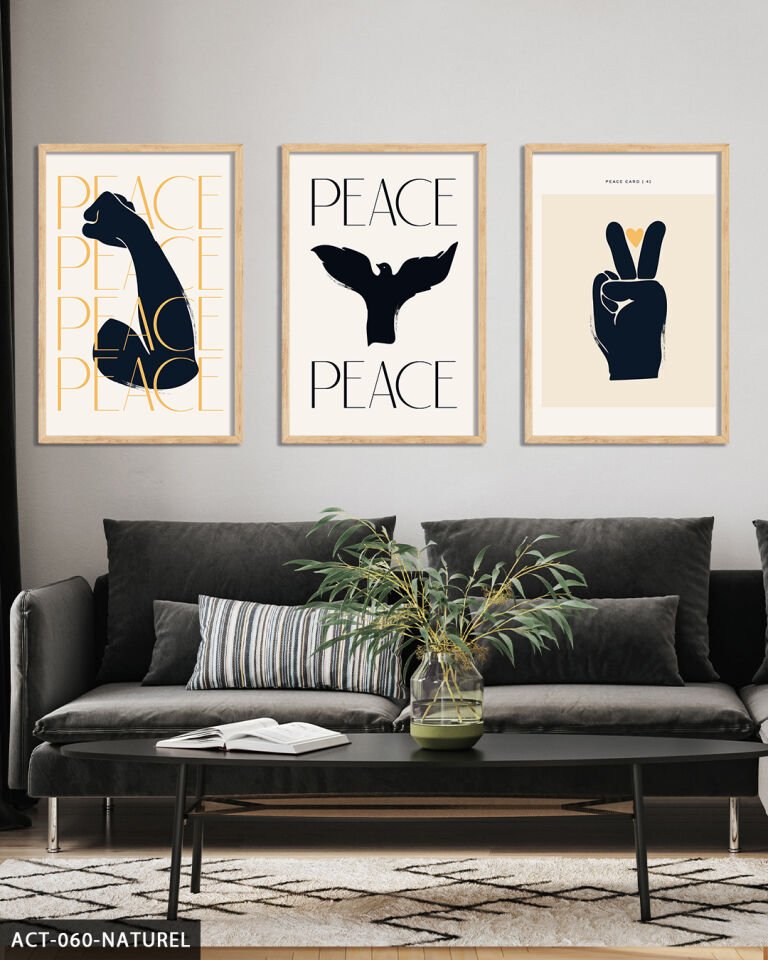 Peace, Barış 3 Parça Ahşap Çerçeveli Tablo Naturel - 50 x 70 CM