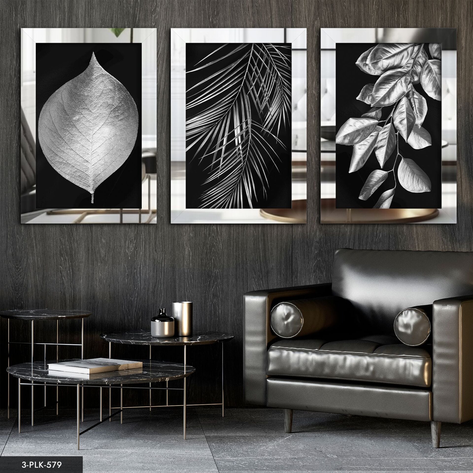 Yapraklar 3 Parça Pleksi Aynalı Tablo 30 x 40 CM - Gümüş