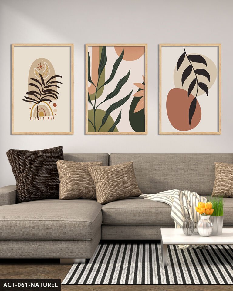 Çiçekler 3 Parça Ahşap Çerçeveli Tablo Naturel - 50 x 70 CM