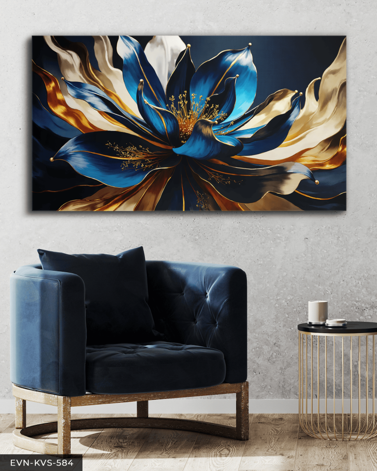 Gold Mavi Çiçek Tek Parça Kanvas - Canvas Tablo