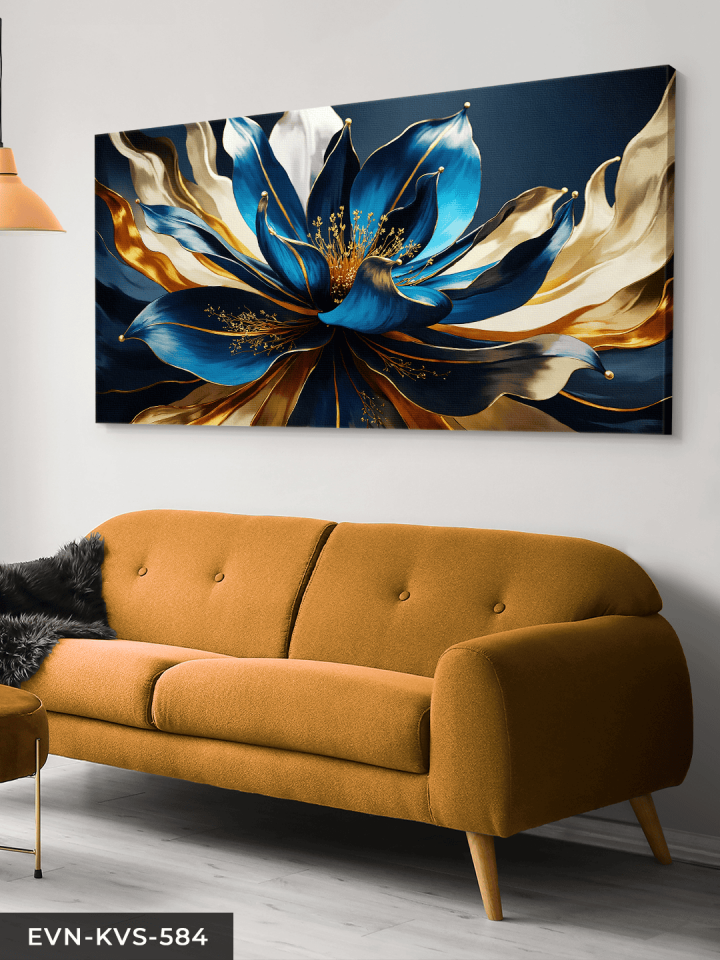 Gold Mavi Çiçek Tek Parça Kanvas - Canvas Tablo