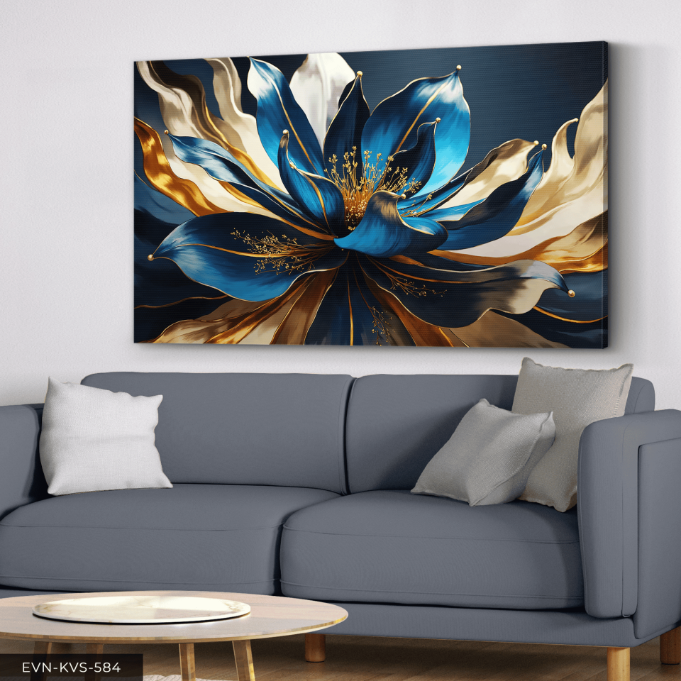 Gold Mavi Çiçek Tek Parça Kanvas - Canvas Tablo