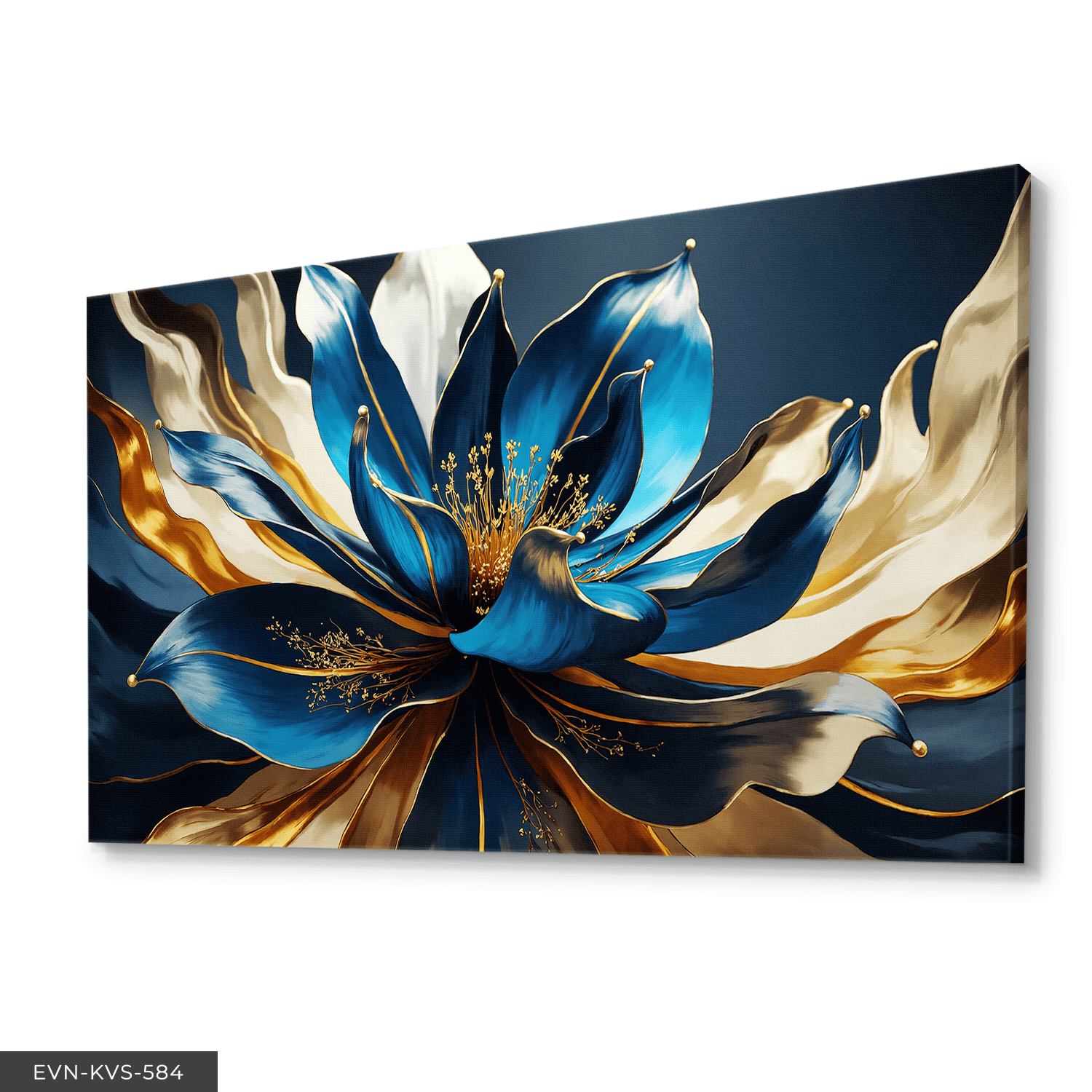 Gold Mavi Çiçek Tek Parça Kanvas - Canvas Tablo