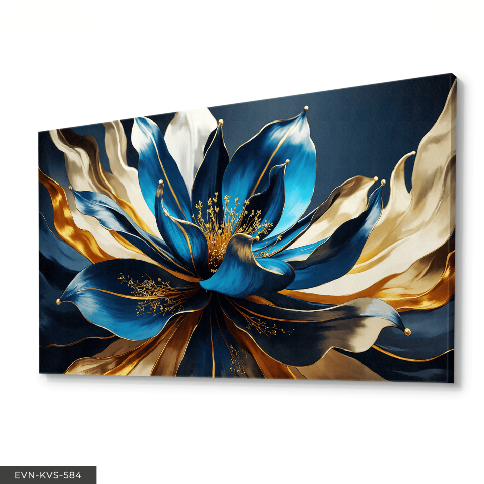 Gold Mavi Çiçek Tek Parça Kanvas - Canvas Tablo