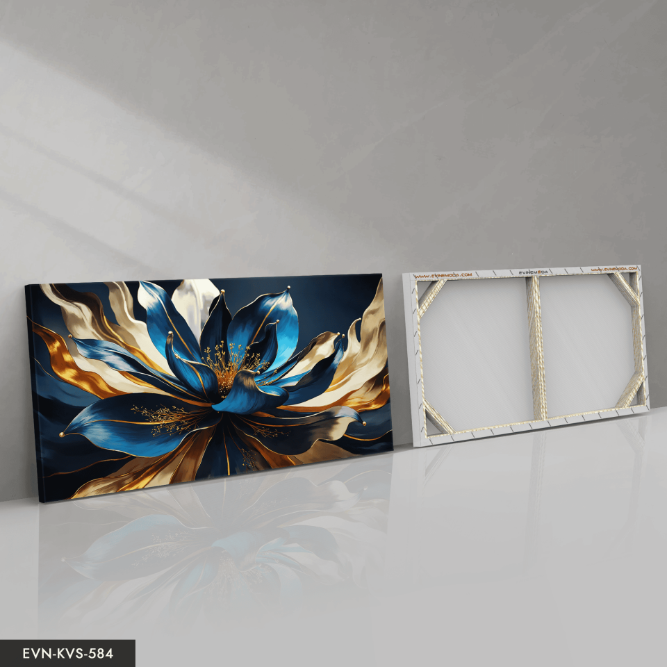 Gold Mavi Çiçek Tek Parça Kanvas - Canvas Tablo