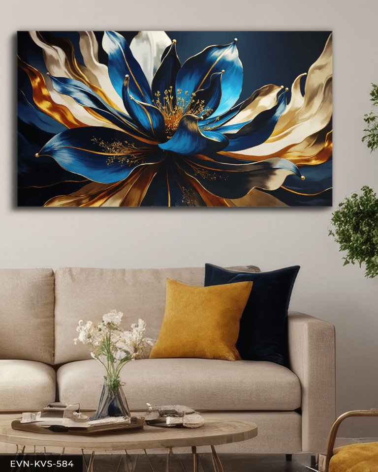 Gold Mavi Çiçek Tek Parça Kanvas - Canvas Tablo