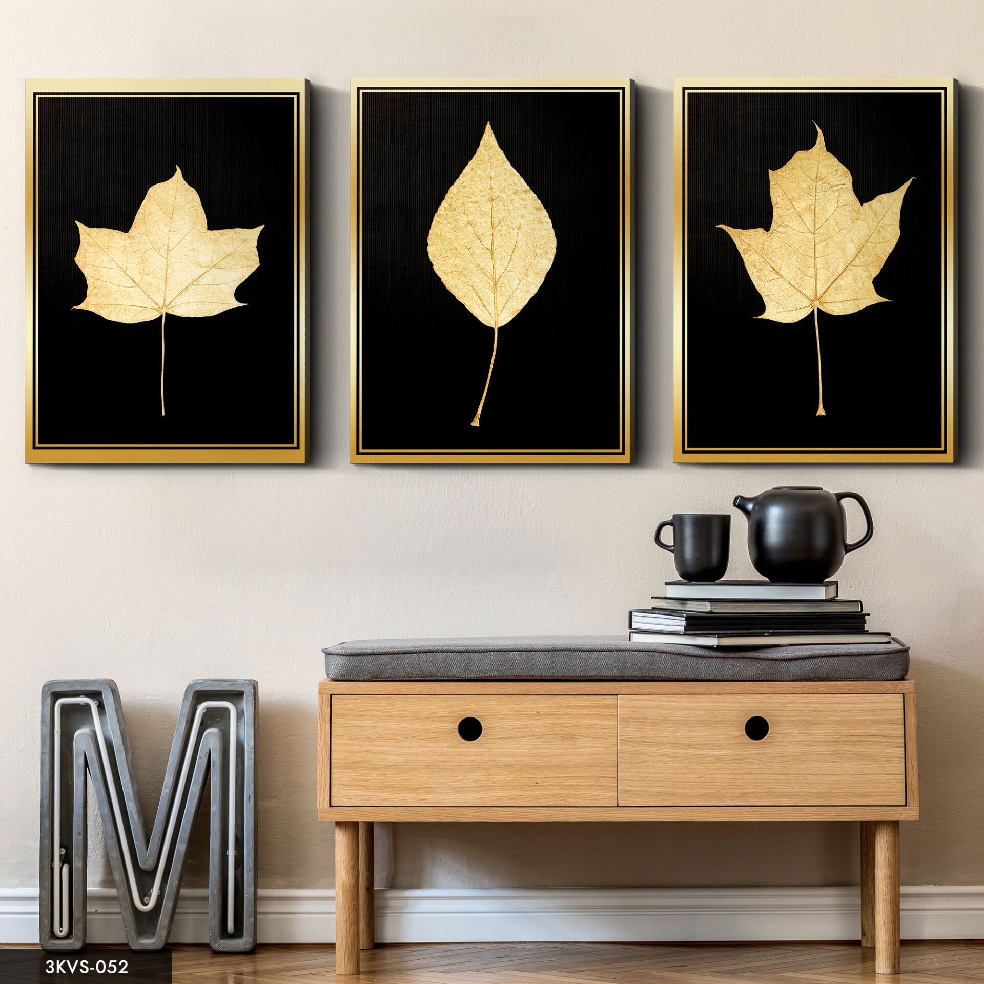 Gold Yapraklar 3 Parça Kanvas - Canvas Tablo 40 x 30 CM