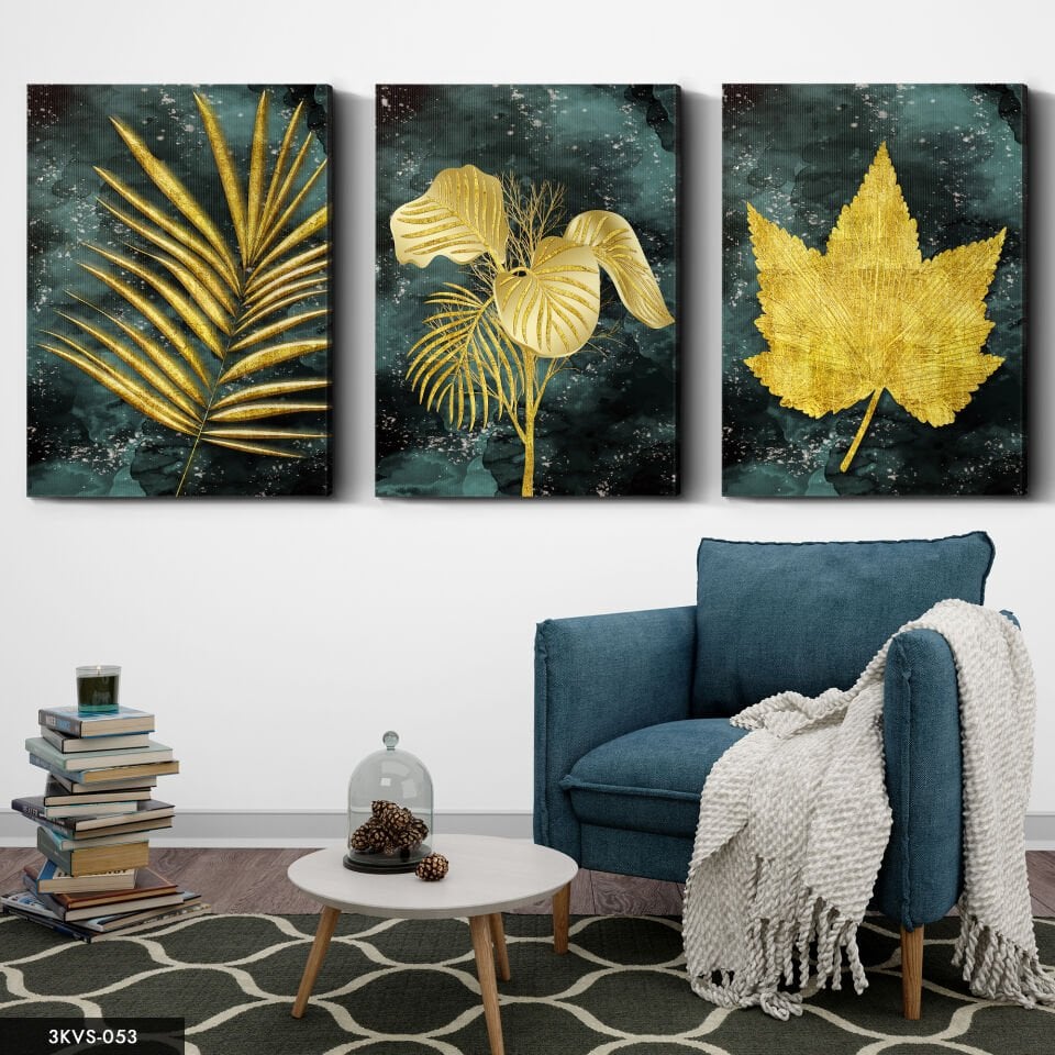 Gold Yapraklar 3 Parça Kanvas - Canvas Tablo 40 x 30 CM