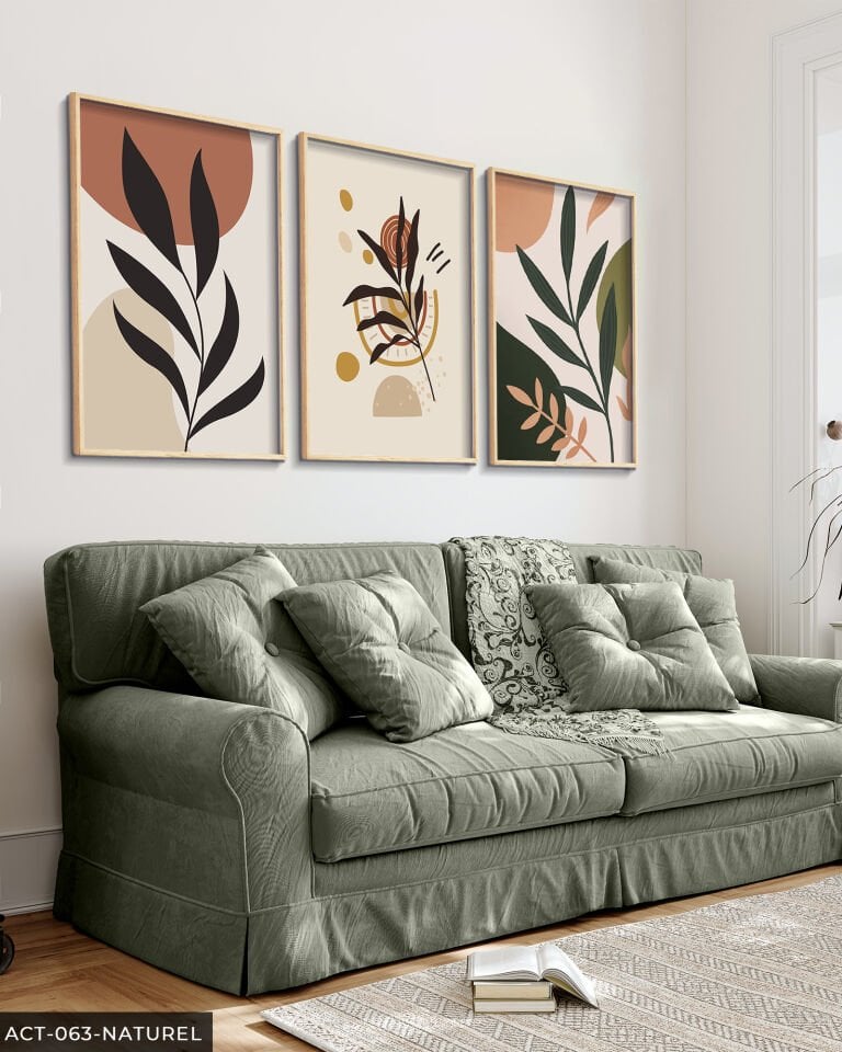 Çiçek Yaprak 3 Parça Ahşap Çerçeveli Tablo Naturel - 50 x 70 CM