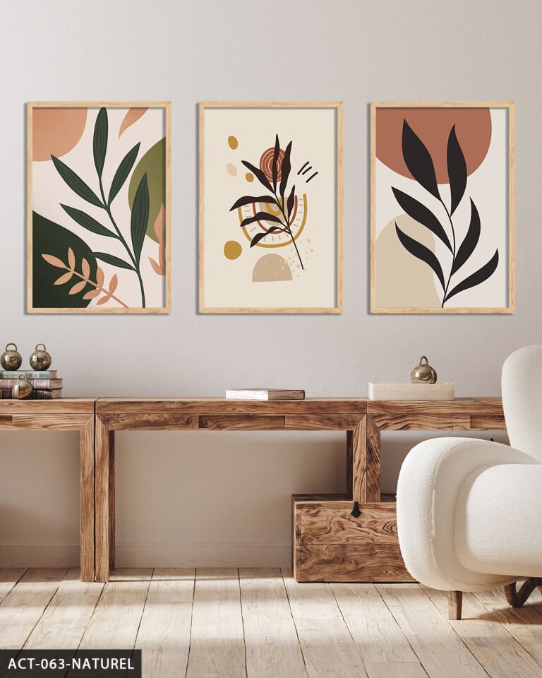 Çiçek Yaprak 3 Parça Ahşap Çerçeveli Tablo Naturel - 50 x 70 CM