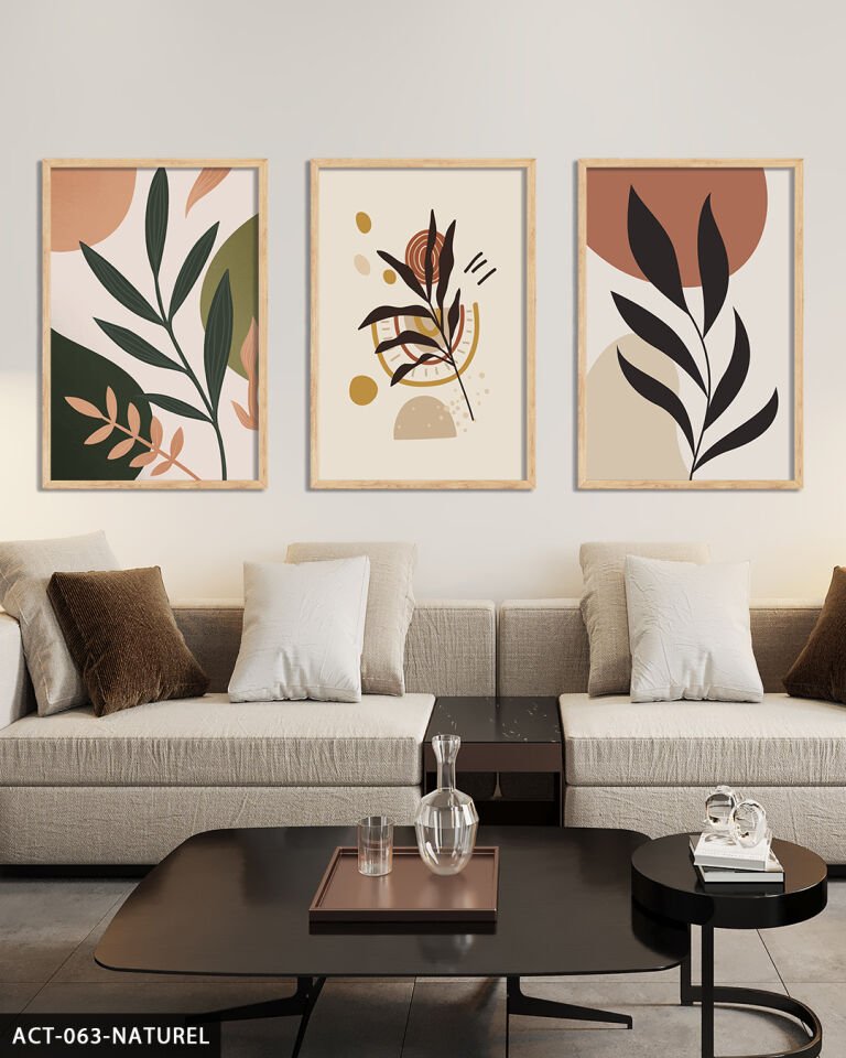 Çiçek Yaprak 3 Parça Ahşap Çerçeveli Tablo Naturel - 50 x 70 CM