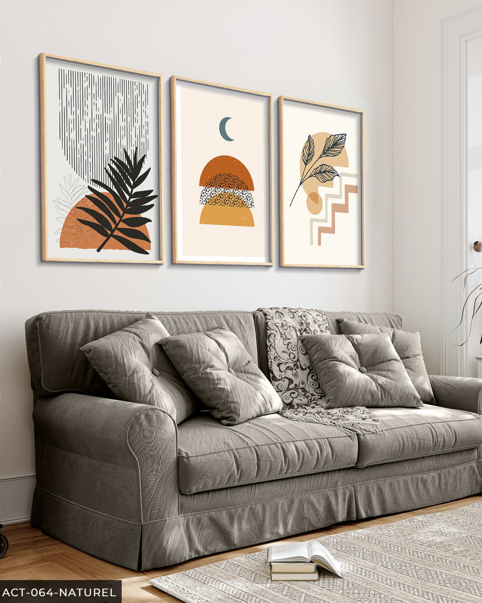 Çiçek Soyut 3 Parça Ahşap Çerçeveli Tablo Naturel - 50 x 70 CM