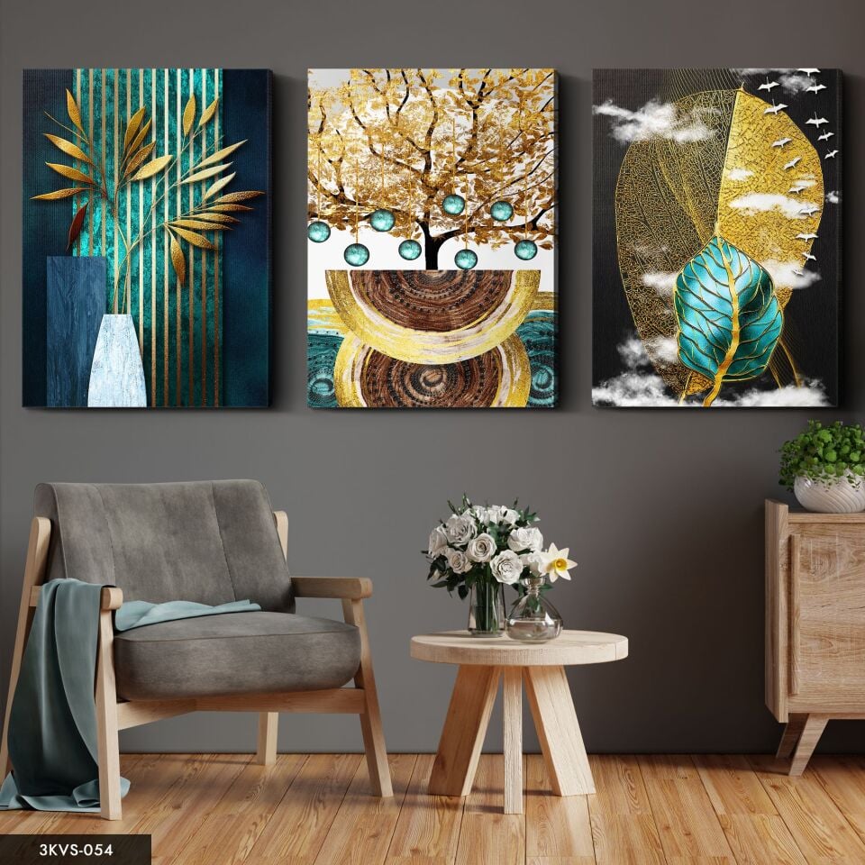Soyut Gold 3 Parça Kanvas - Canvas Tablo 40 x 30 CM