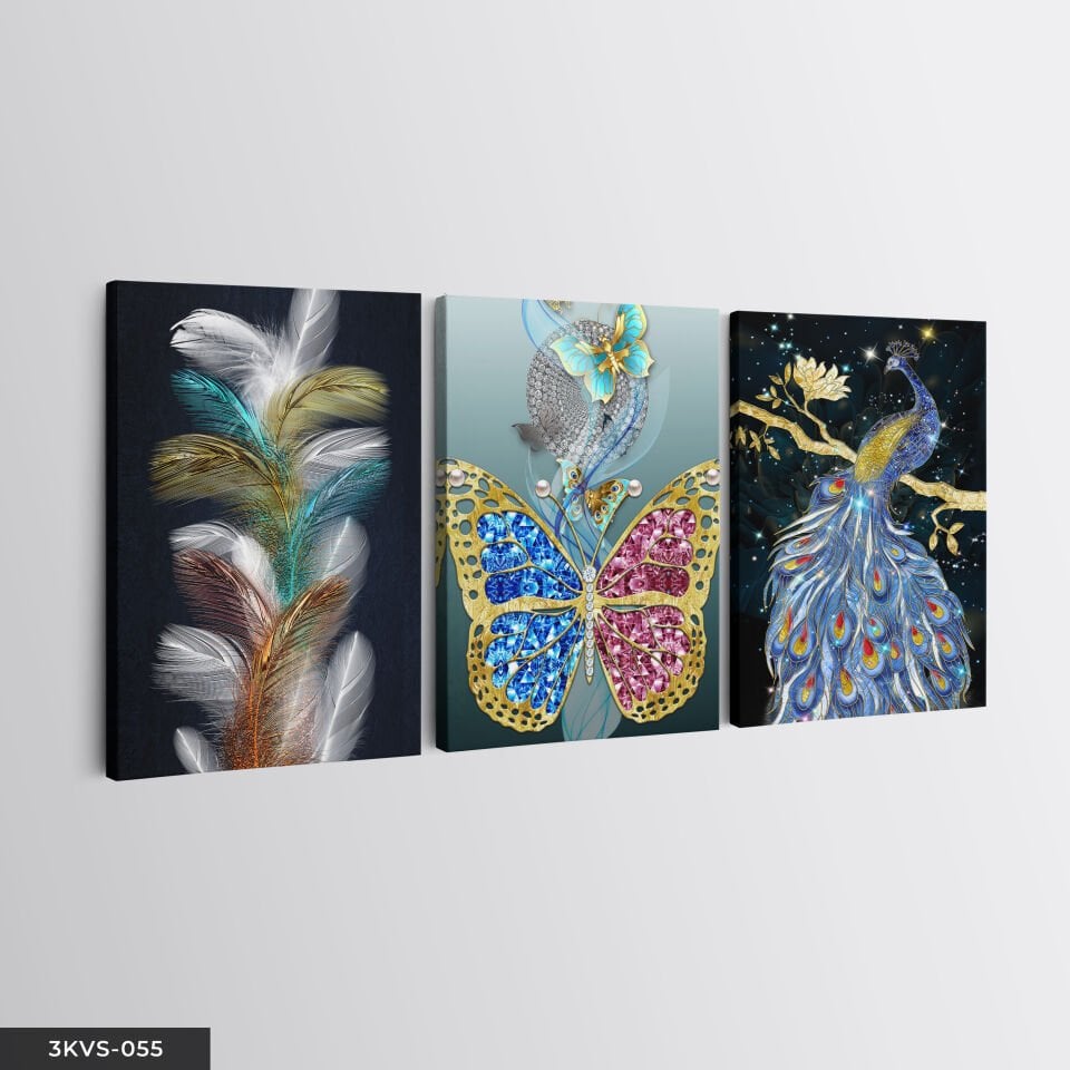Renkli Tüy Kelebek 3 Parça Kanvas - Canvas Tablo 45 x 65 CM