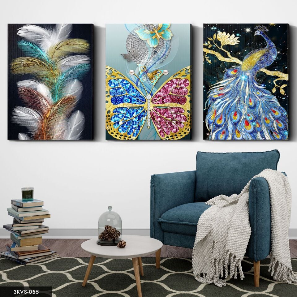 Renkli Tüy Kelebek 3 Parça Kanvas - Canvas Tablo 40 x 30 CM