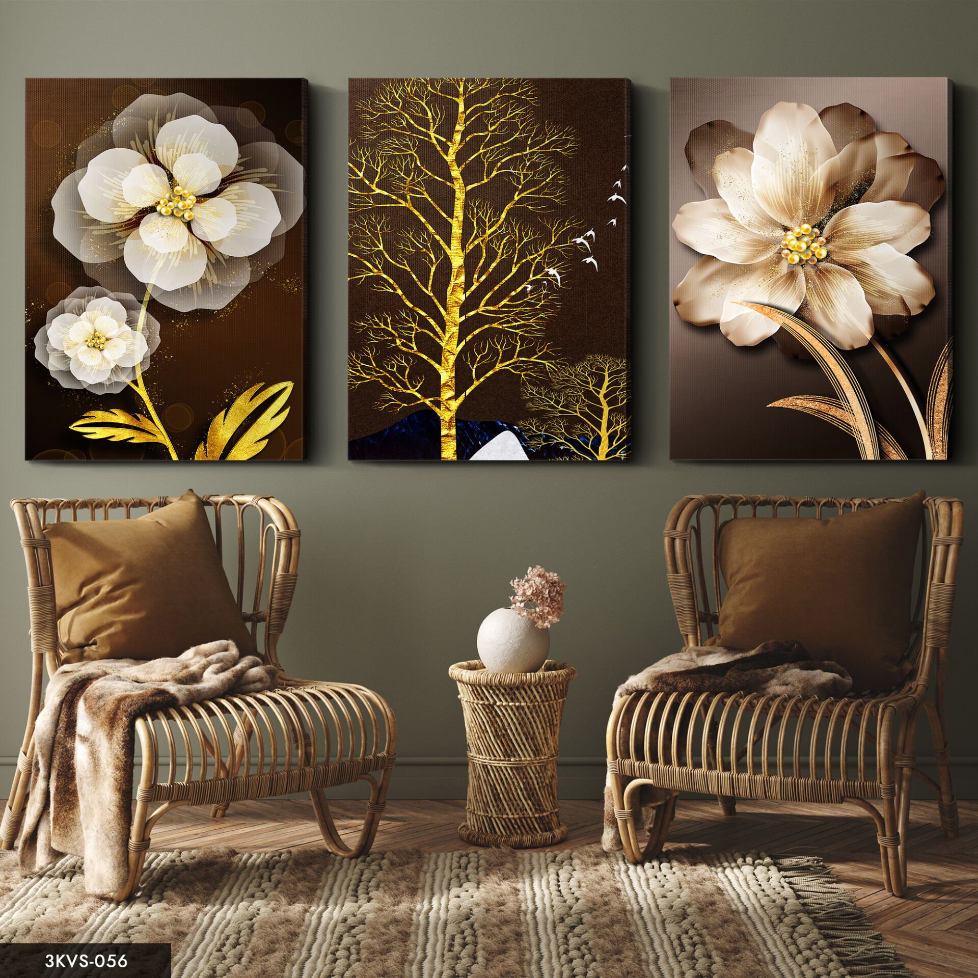 Kahverengi Çiçekler 3 Parça Kanvas - Canvas Tablo 40 x 30 CM