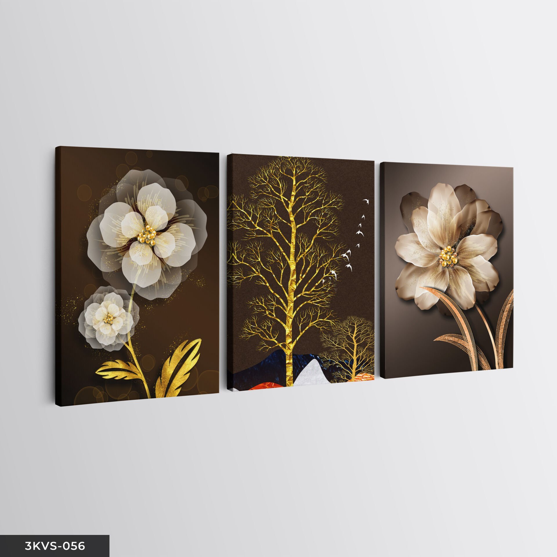 Kahverengi Çiçekler 3 Parça Kanvas - Canvas Tablo 40 x 30 CM