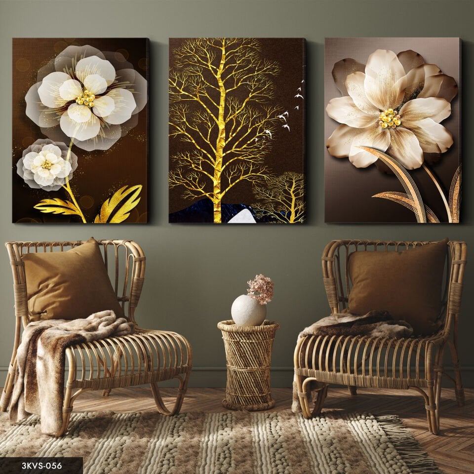 Kahverengi Çiçekler 3 Parça Kanvas - Canvas Tablo 40 x 30 CM