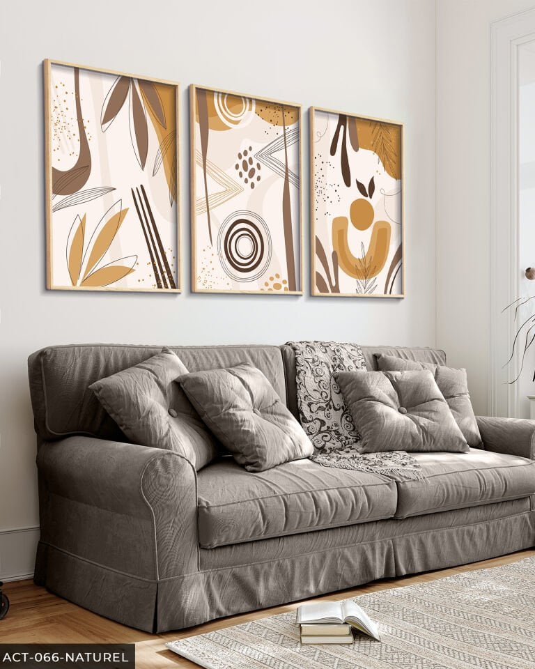 Soyut Desenler 3 Parça Ahşap Çerçeveli Tablo Naturel - 50 x 70 CM