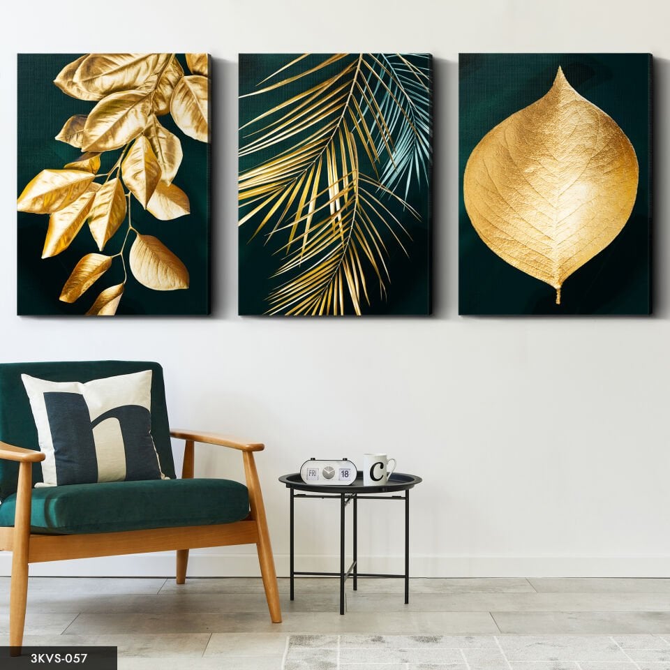 Gold Yapraklar 3 Parça Kanvas - Canvas Tablo 40 x 30 CM