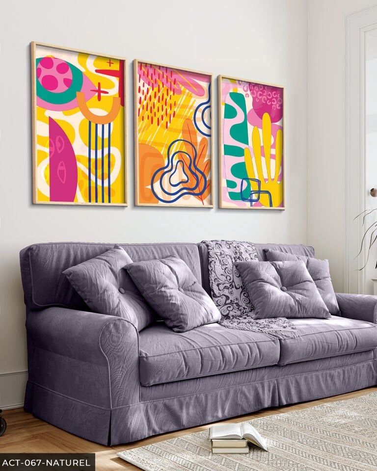 Rengarenk Desenler 3 Parça Ahşap Çerçeveli Tablo Naturel - 50 x 70 CM