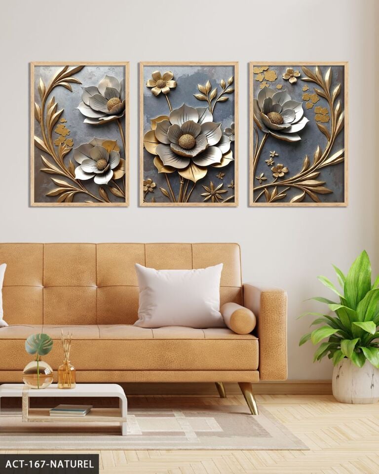 Gold Yapraklı Gümüş Çiçek 3 Parça Ahşap Çerçeveli Tablo ACT Naturel - 20 x 30 CM